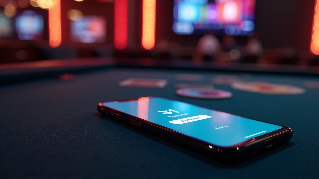 Móvil con la pantalla de descarga de la app en una mesa de casino