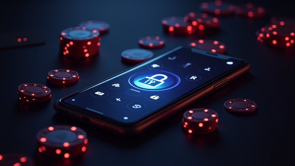 Móvil con funciones de la app y símbolos de seguridad en un casino