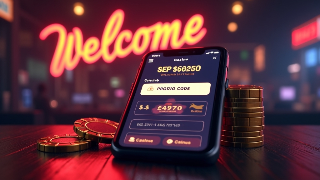 Panel de bienvenida con un código promocional y fichas en un casino iluminado